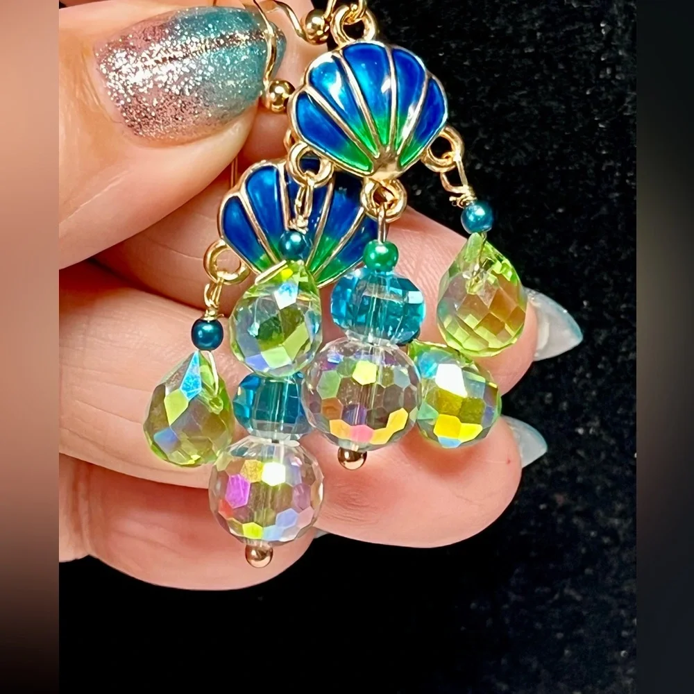 Gold, Green and Blue Shell Dangle Earrings - Picture 2 of 12